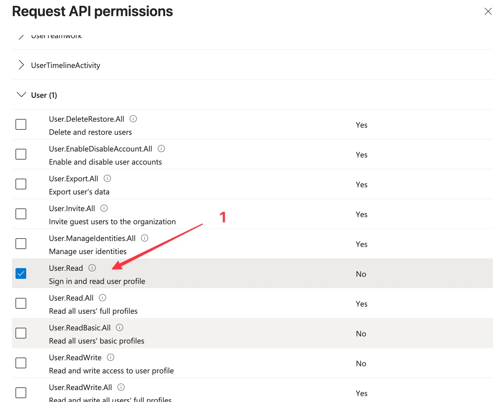 Azure AD API permissions step 3a