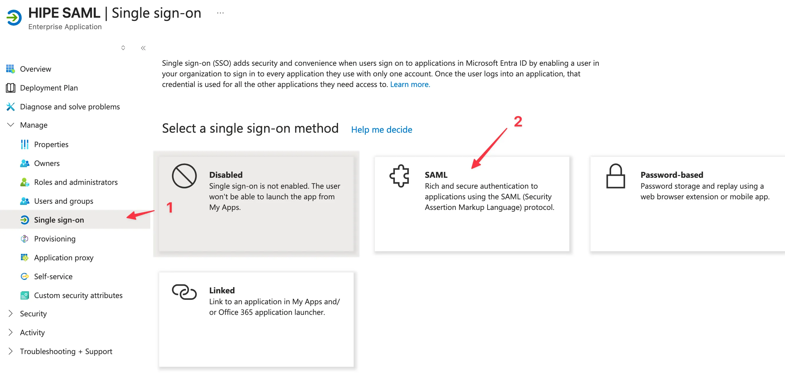 Azure AD SAML single sign-on step 1